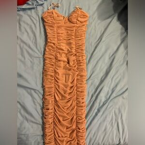 Nude rushed mesh midi dress